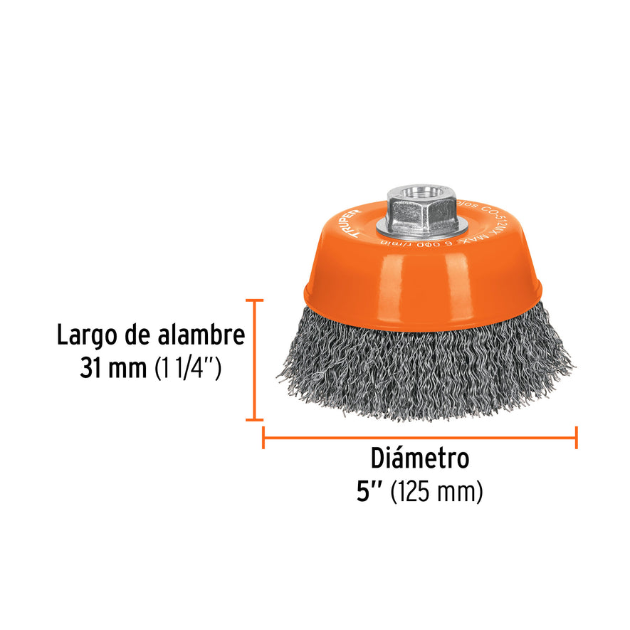 Carda copa 5' alambre ondulado grueso, eje M14, Truper Caja con 4, 17534