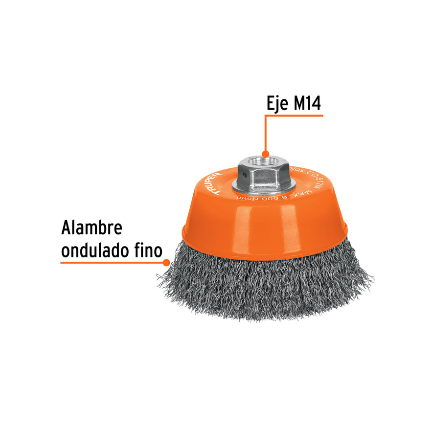 Carda copa 5' alambre ondulado fino, eje M14, Truper Caja con 4, 11538