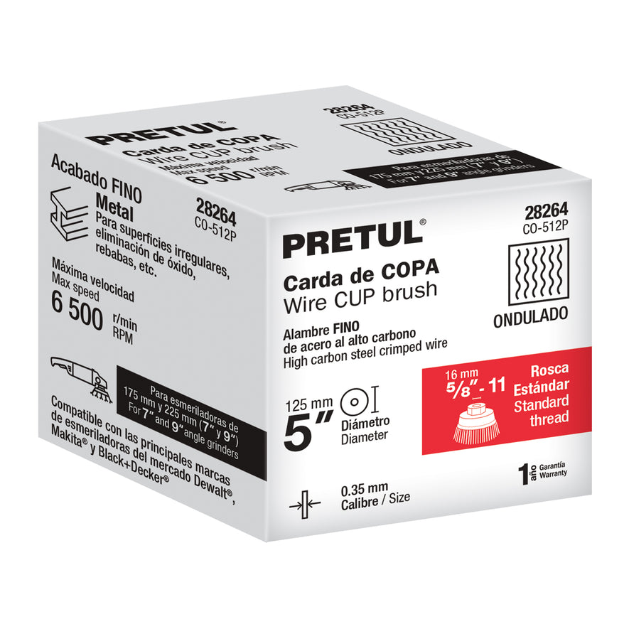Carda copa 5' alambre ondulado fino, eje 5/8'-11, Pretul Caja con 4, 28264