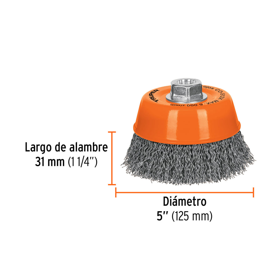 Carda copa 5' alambre ondulado grueso, eje 5/8'-11, Truper Caja con 4, 17533