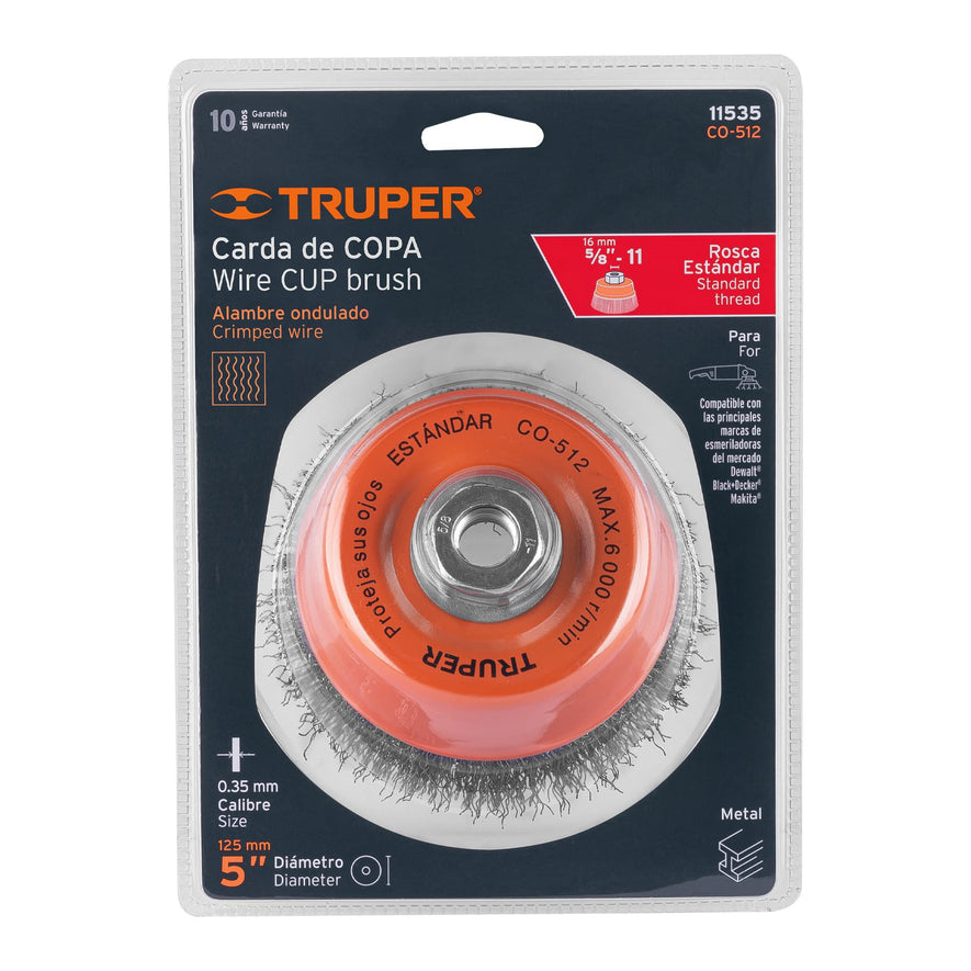 Carda copa 5' alambre ondulado fino, eje 5/8'-11, Truper Caja con 4, 11535