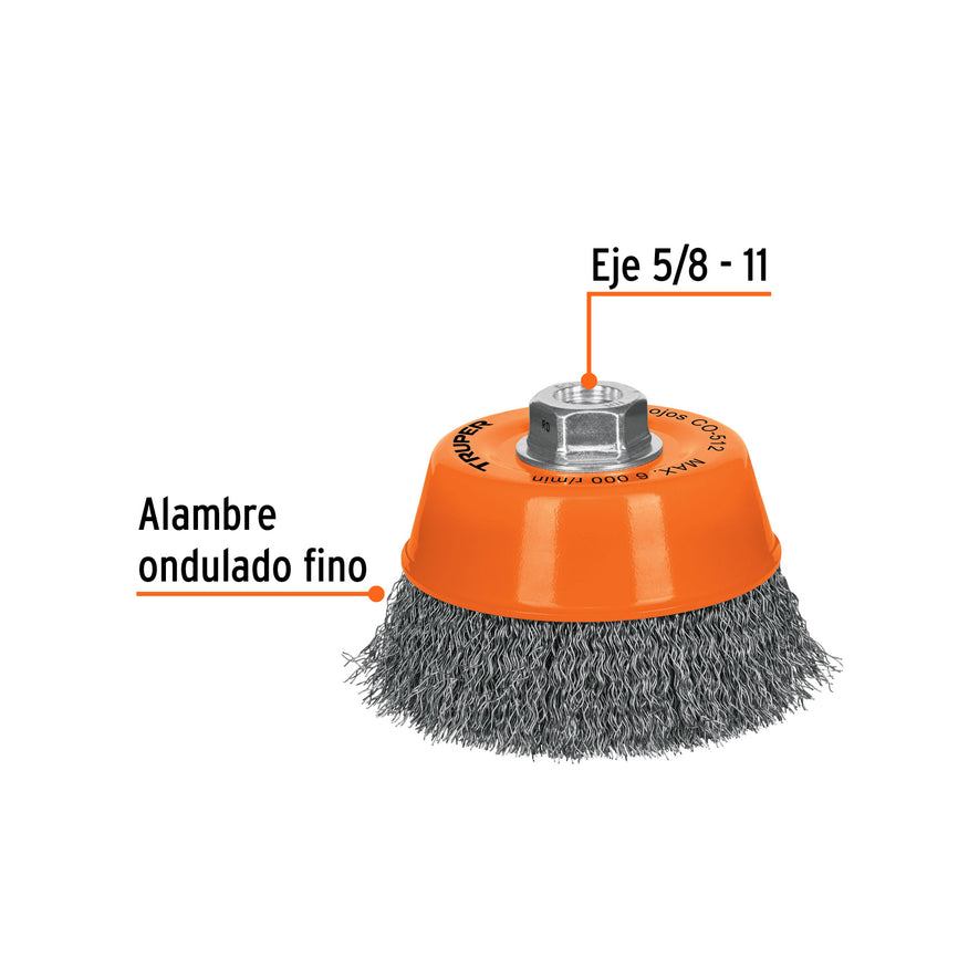 Carda copa 5' alambre ondulado fino, eje 5/8'-11, Truper Caja con 4, 11535