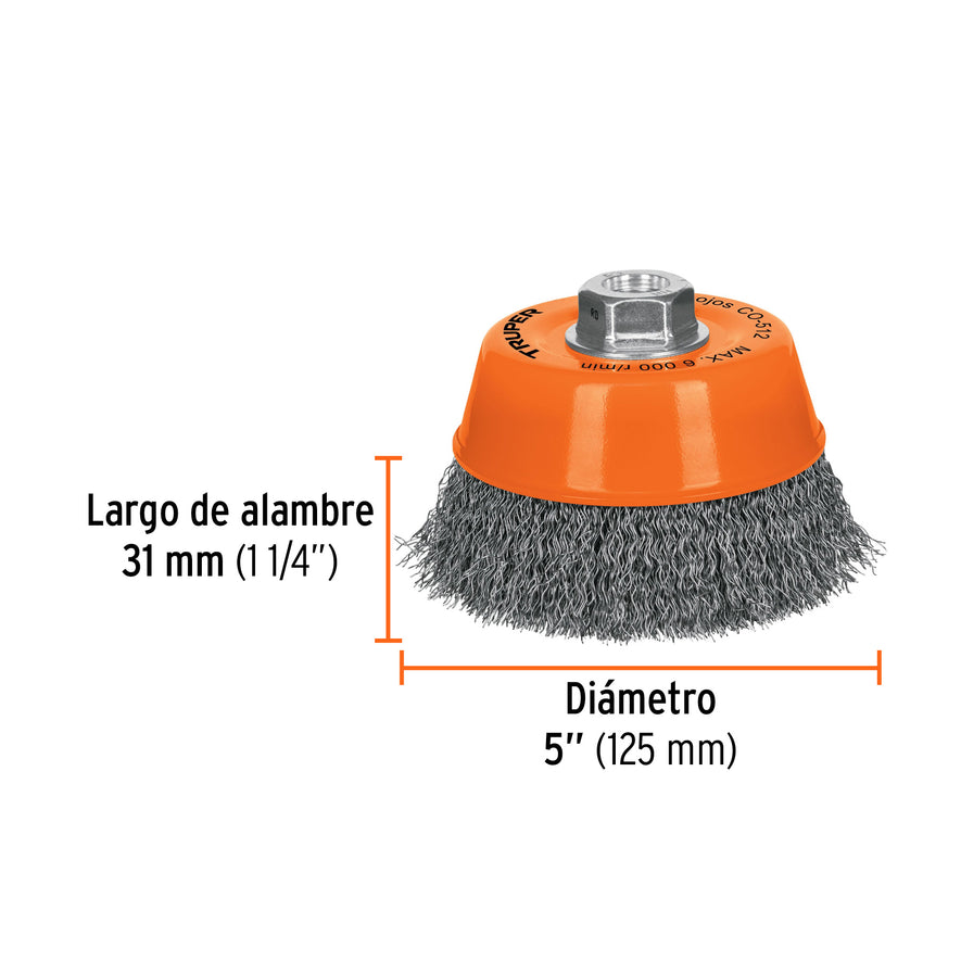 Carda copa 5' alambre ondulado fino, eje 5/8'-11, Truper Caja con 4, 11535