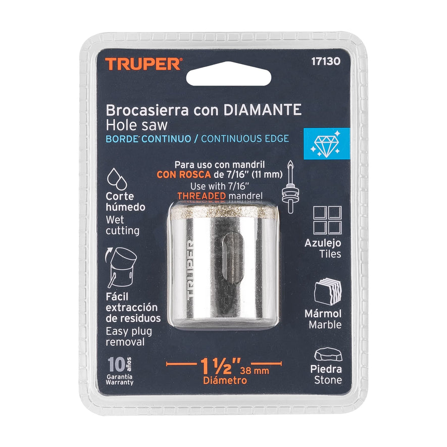 Brocasierra diamante 1-1/2' borde continuo, Truper Caja con 4, 17130