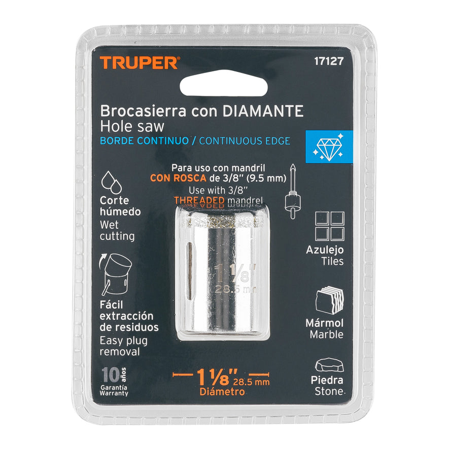Brocasierra diamante 1-1/8' borde continuo, Truper Caja con 4, 17127