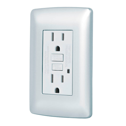 Contacto dúplex falla a tierra GFCI, plata, línea Italiana Caja con 3, 49807