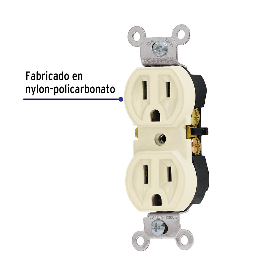 Contacto dúplex, 2 polos 3 hilos, Standard, marfil, Volteck Caja con 20, 46102