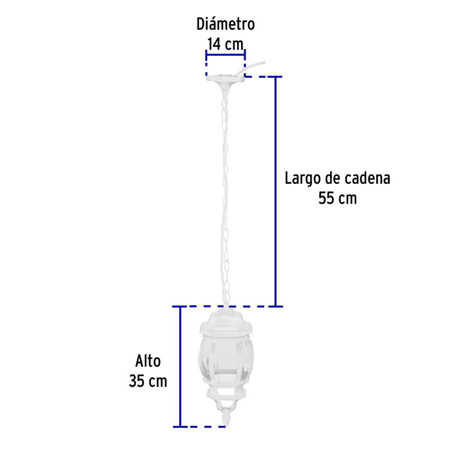 Arbotante tipo farol tradicional colgante p/exterior, blanco, 47296