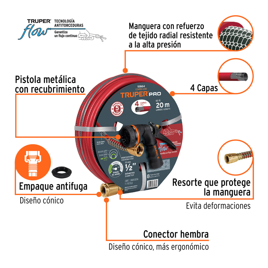 Combo manguera MAN-20X1/2X y pistola de riego PR-208, Truper Caja con 5, 10864