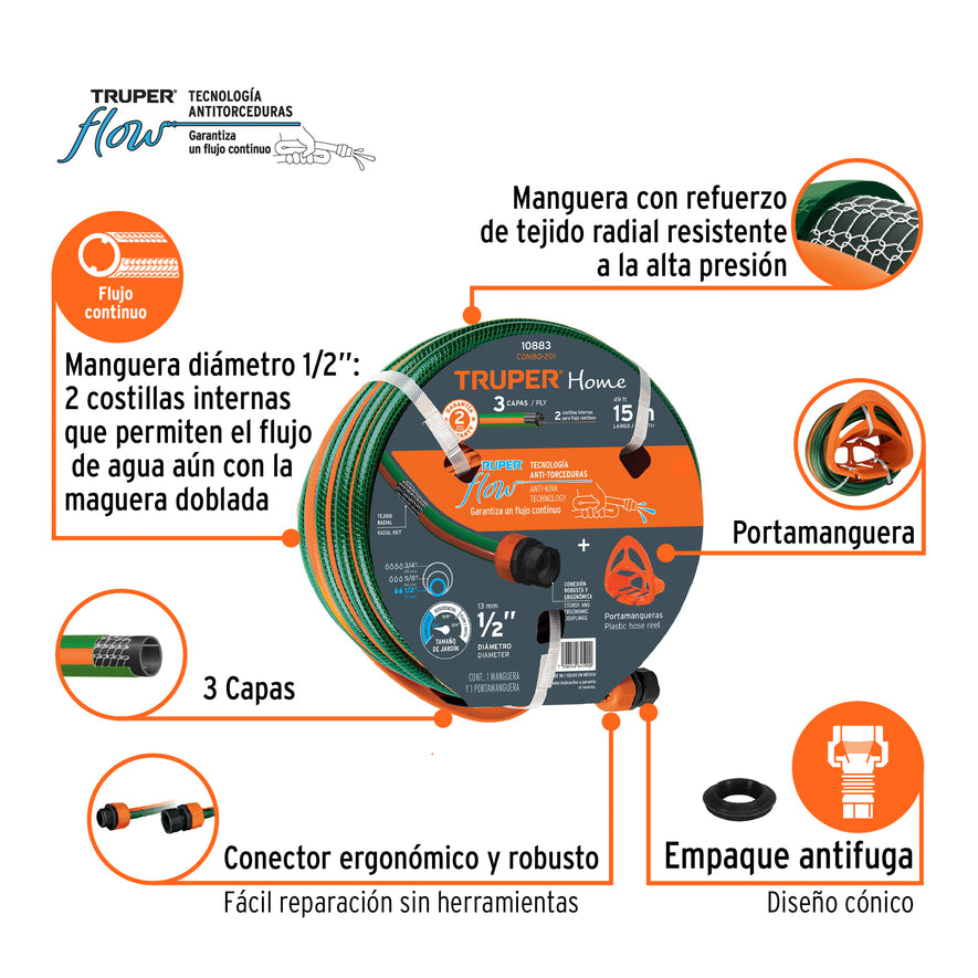 Combo manguera MAN-15X1/2RE y portamanguera GAN-MA, Truper Caja con 4, 10883