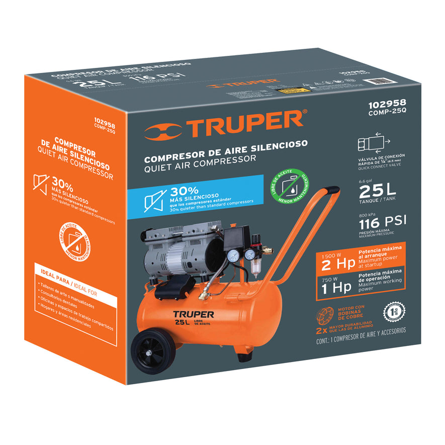 Compresor de aire, silencioso libre de aceite, 25 L, 2 HP, 102958