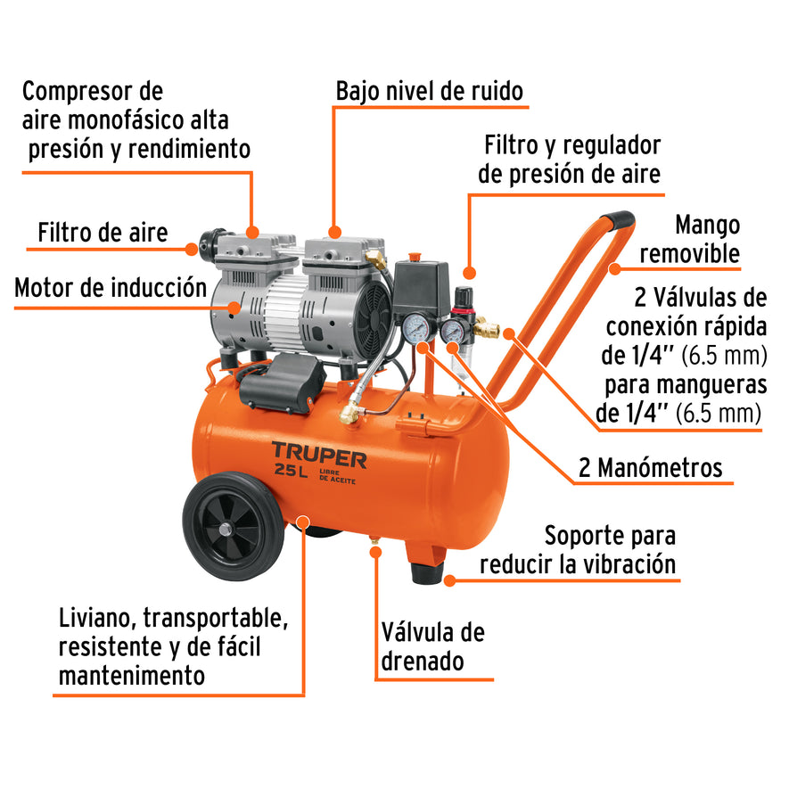 Compresor de aire, silencioso libre de aceite, 25 L, 2 HP, 102958