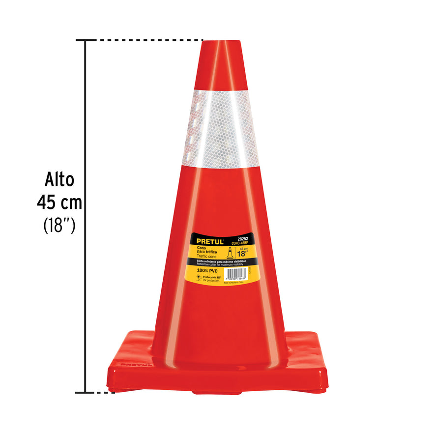 Cono de precaución de 45 cm de PVC con reflejante, Pretul, 28252