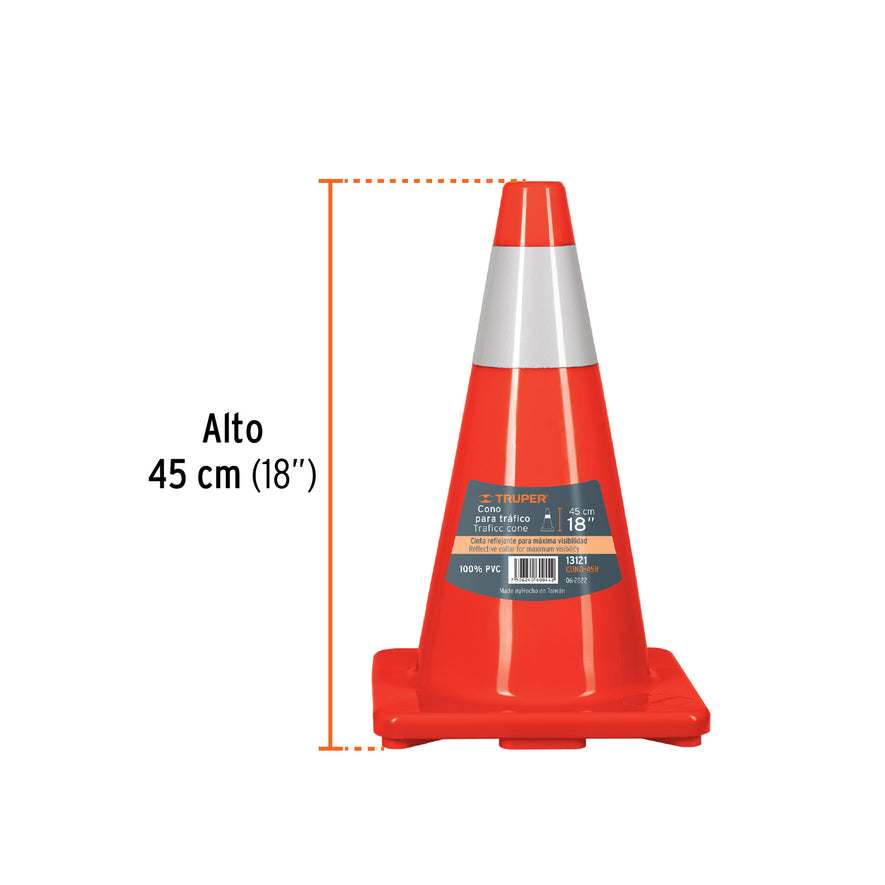 Cono de precaución de 45 cm de PVC con reflejante, Truper, 13121