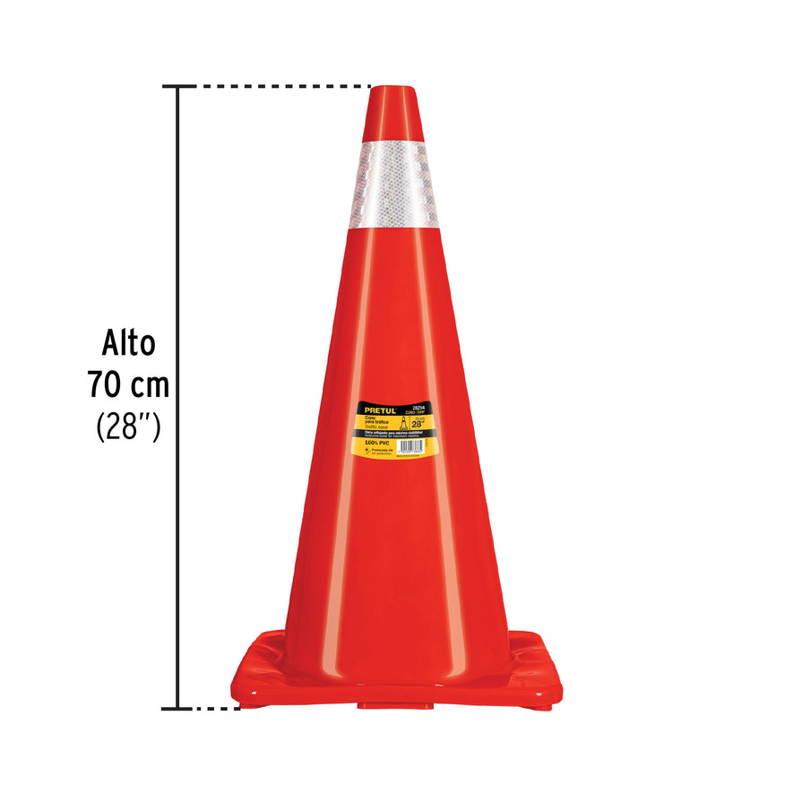 Cono de precaución de 70 cm de PVC con reflejante, Pretul, 28254