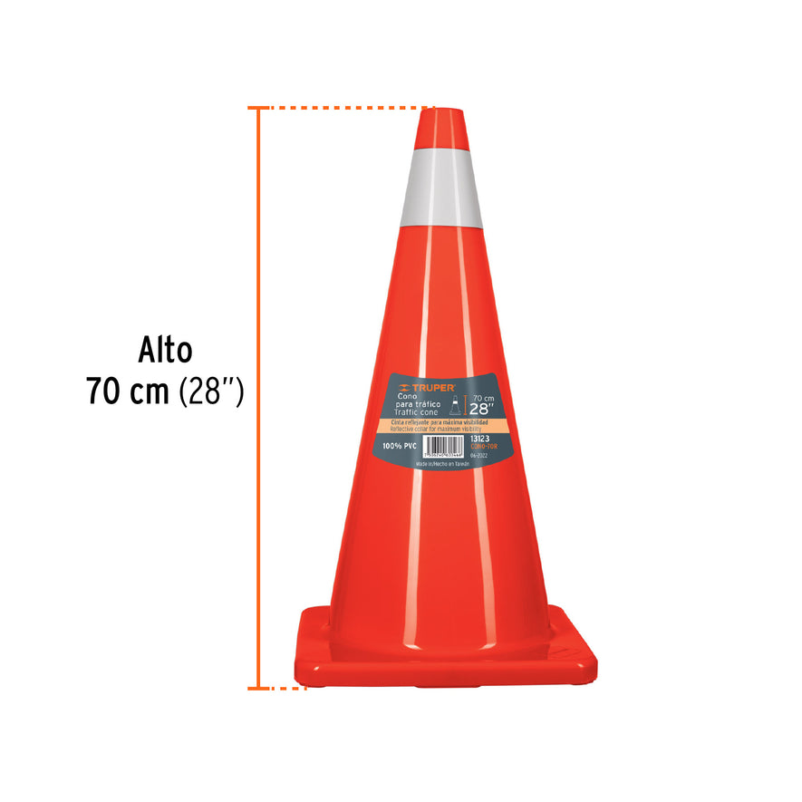 Cono de precaución de 70 cm de PVC con reflejante, Truper, 13123