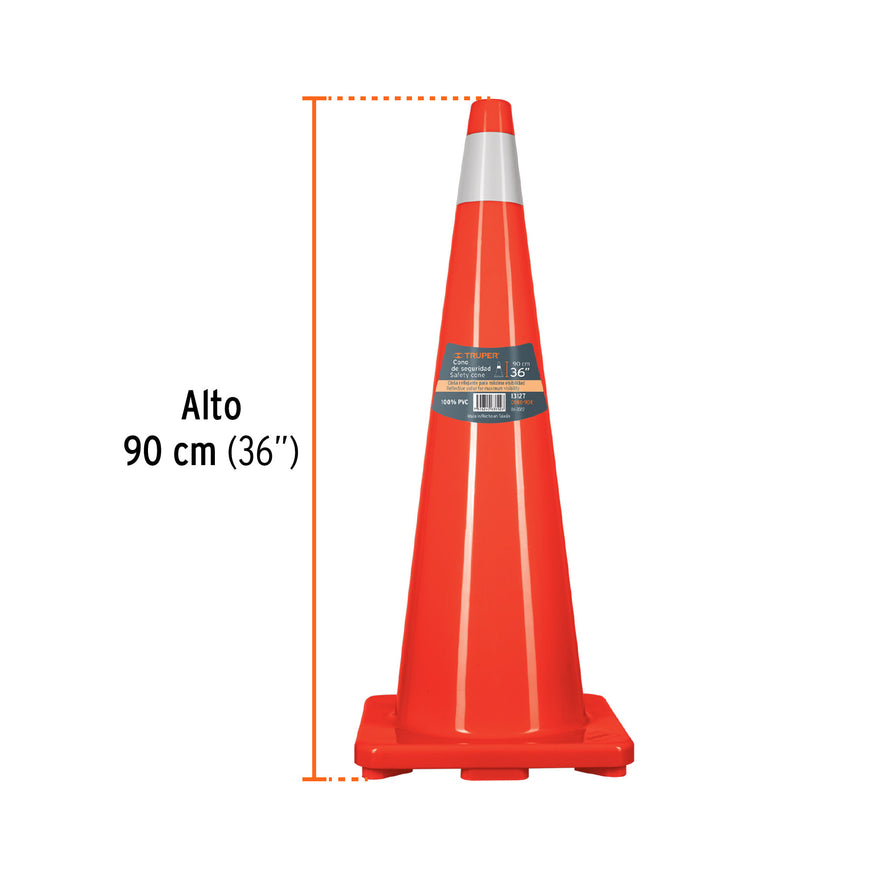 Cono de precaución de 90 cm de PVC con reflejante, Truper, 13127