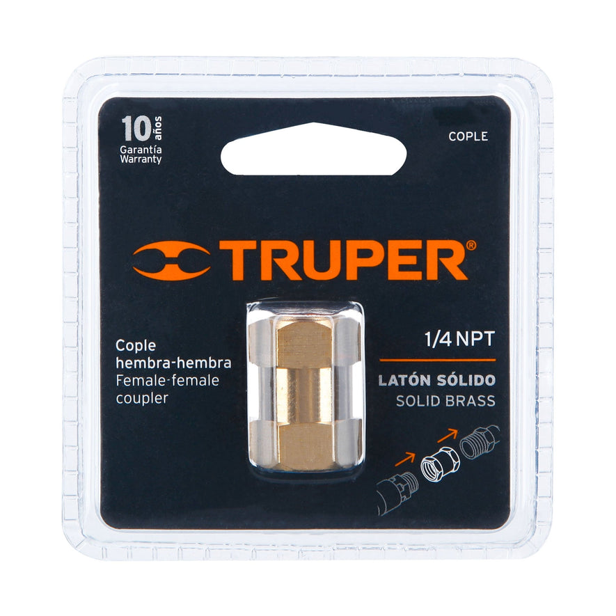 Cople de latón, tipo FF, cuerda 1/4 NPT, Truper Caja con 6, 19025