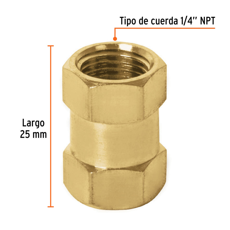 Cople de latón, tipo FF, cuerda 1/4 NPT, Truper Caja con 6, 19025