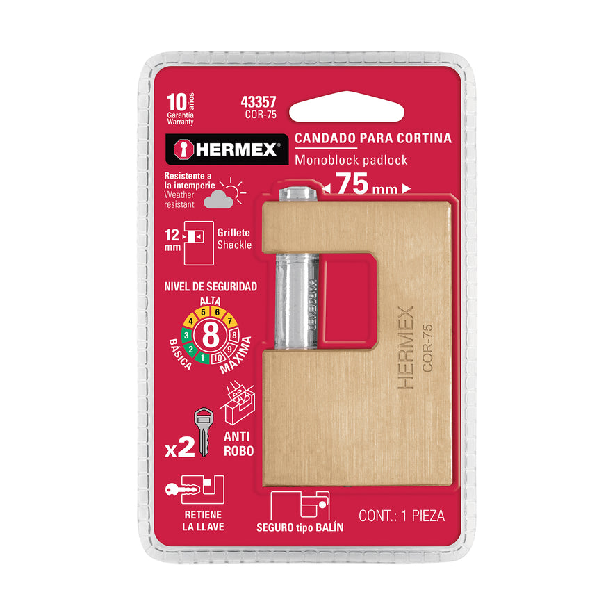 Candado antipalanca, 75mm, cuerpo de latón llave tradicional Caja con 3, 43357