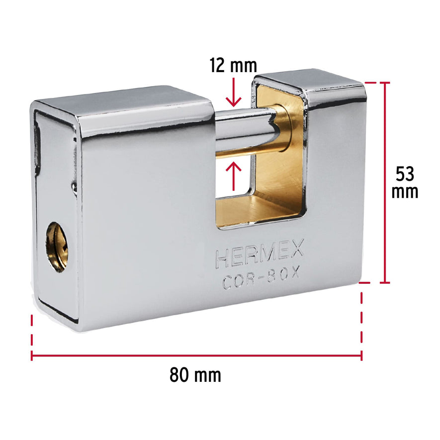 Candado antipalanca, 80mm, blindado, llave tetra, Hermex, 43373