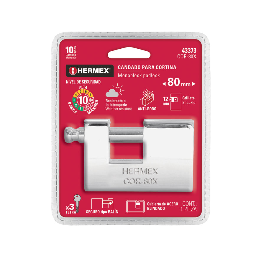 Candado antipalanca, 80mm, blindado, llave tetra, Hermex, 43373