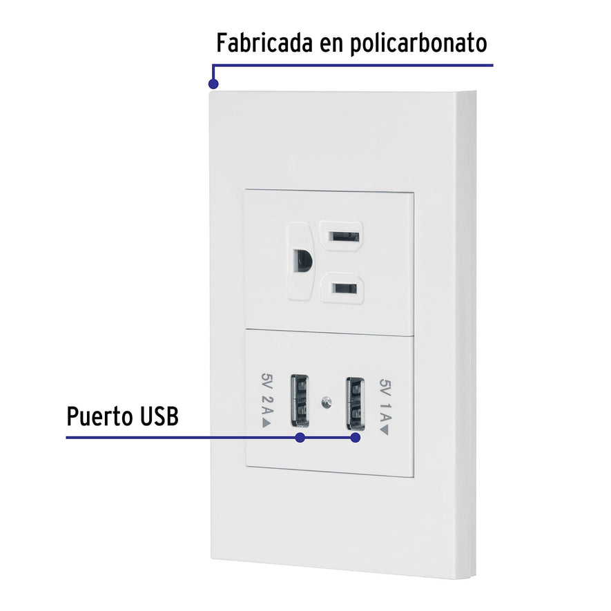 Placa armada 1contacto, 2puertos USB, 1.5mod,Española,blanco Caja con 3, 45603