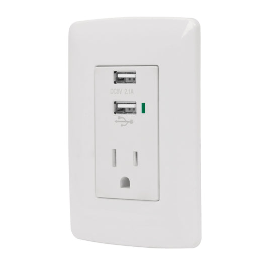 Contacto aterrizado + 2 puertos USB, blanco, línea Italiana Caja con 3, 48065