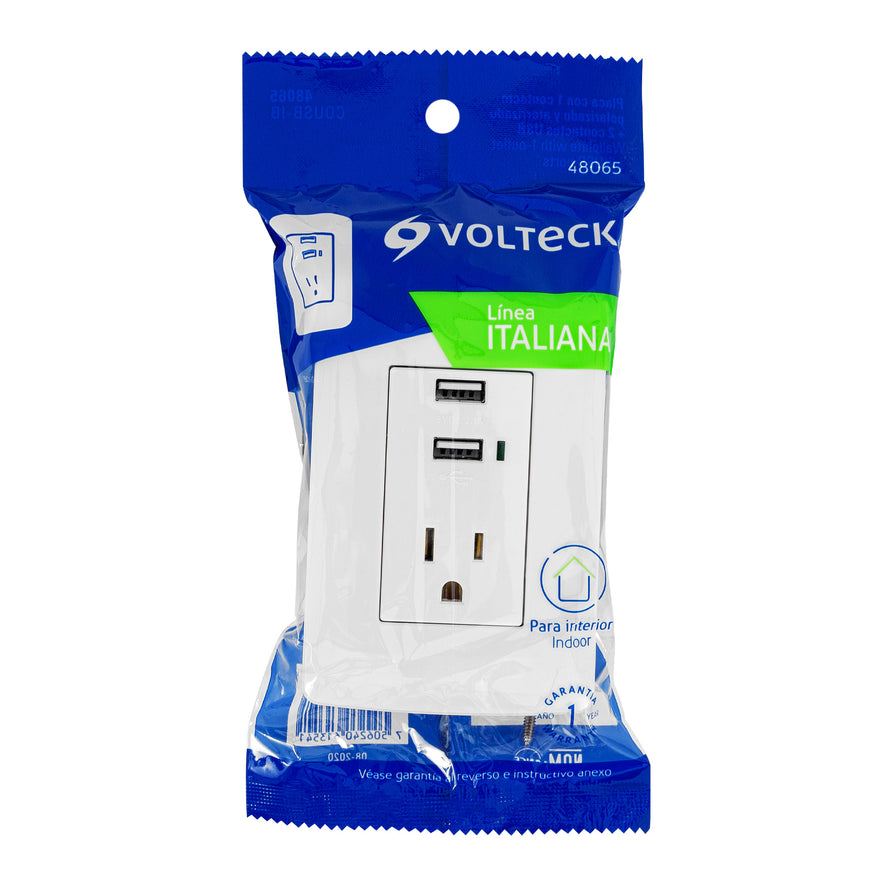Contacto aterrizado + 2 puertos USB, blanco, línea Italiana Caja con 3, 48065