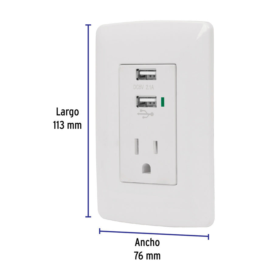 Contacto aterrizado + 2 puertos USB, blanco, línea Italiana Caja con 3, 48065