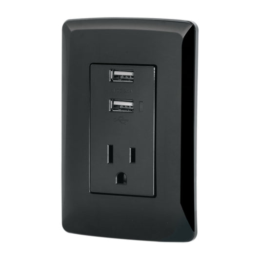 Contacto aterrizado + 2 puertos USB, negro, línea Italiana Caja con 3, 47590