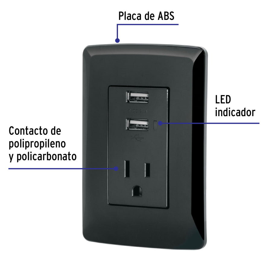 Contacto aterrizado + 2 puertos USB, negro, línea Italiana Caja con 3, 47590