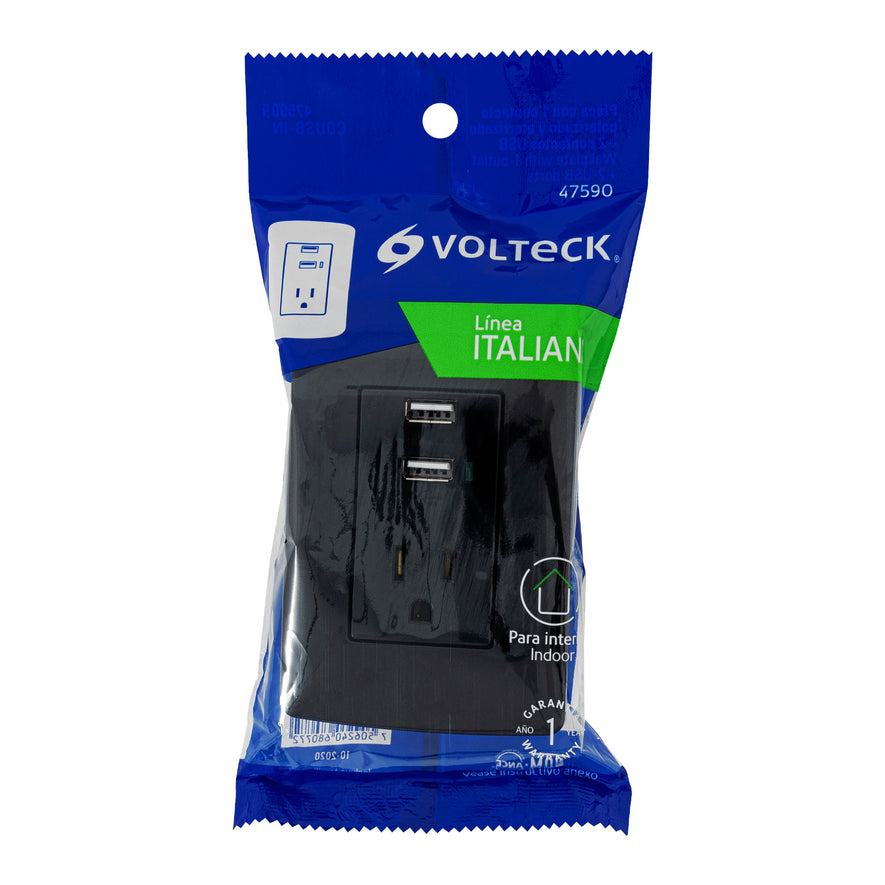 Contacto aterrizado + 2 puertos USB, negro, línea Italiana Caja con 3, 47590