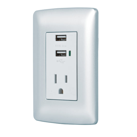 Contacto aterrizado + 2 puertos USB, plata, línea Italiana Caja con 3, 49808