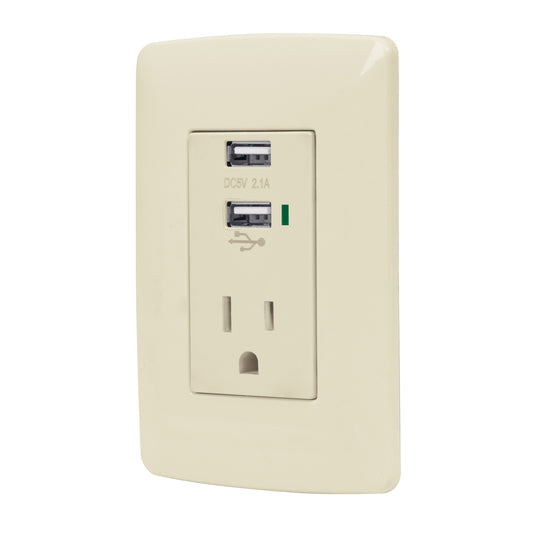 Contacto aterrizado + 2 puertos USB, marfil, línea Italiana Caja con 3, 48064