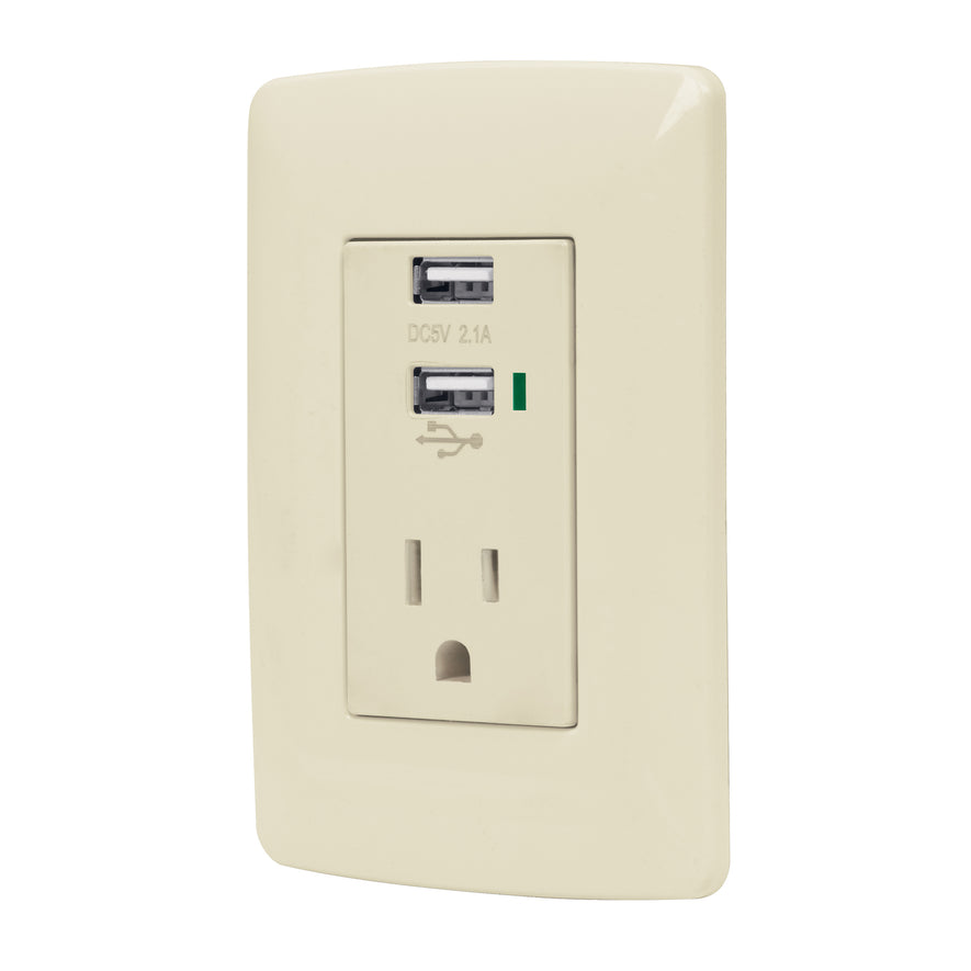 Contacto aterrizado + 2 puertos USB, marfil, línea Italiana Caja con 3, 48064