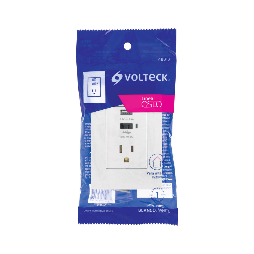 Contacto 2polos + tierra con 2 puertos USB, Oslo, blanco Caja con 3, 48313