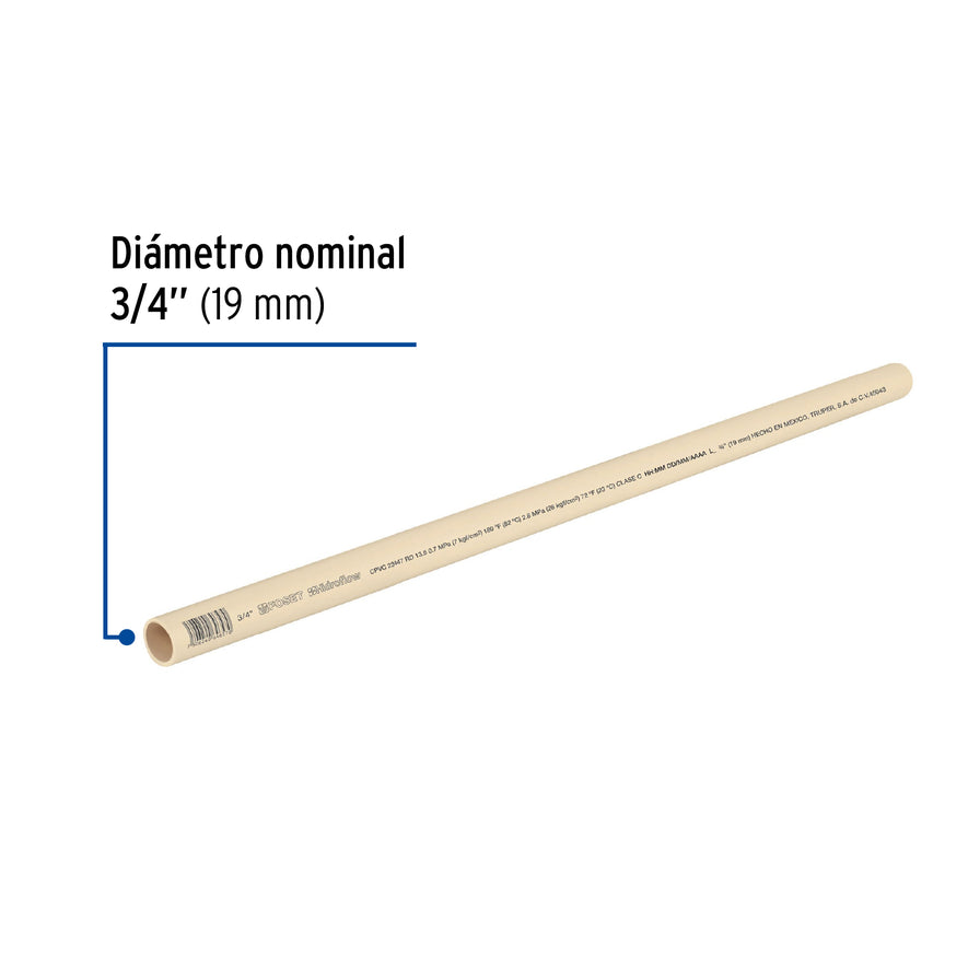 Tubo de 3/4' de CPVC hidráulico RD 13.5 de 3 m, Foset Caja con 10, 45043