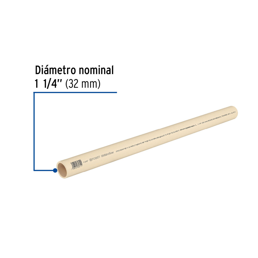 Tubo de 1-1/4' de CPVC hidráulico RD 11 de 3 m, Foset Caja con 5, 45560