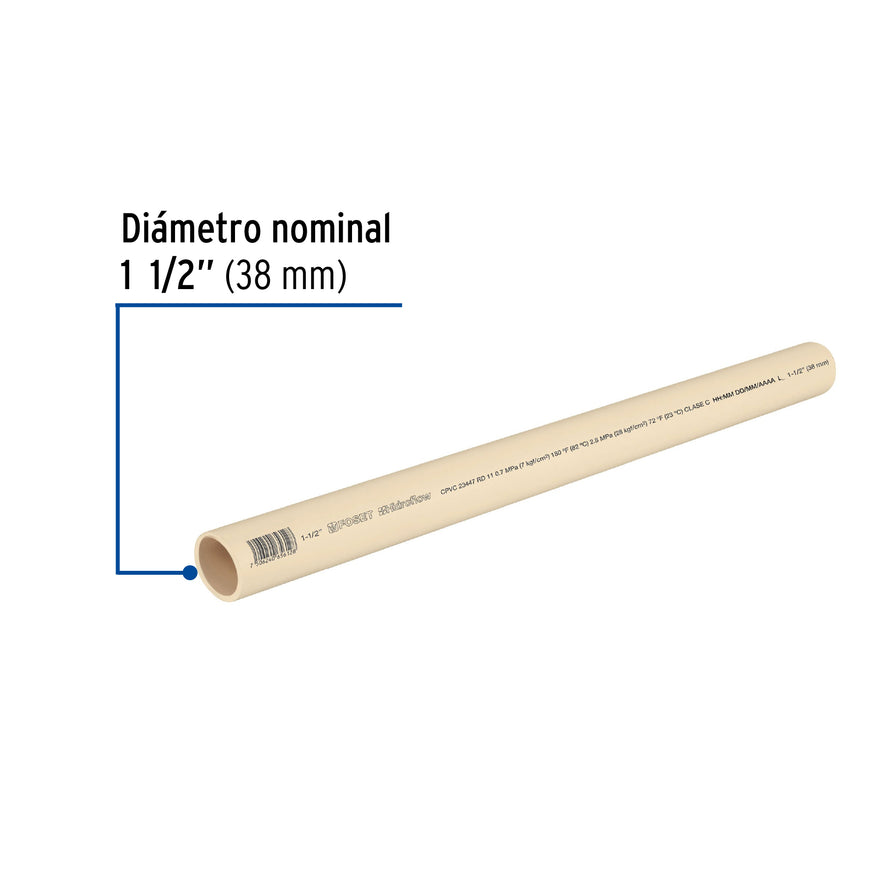 Tubo de 1-1/2' de CPVC hidráulico RD 11 de 3 m, Foset Caja con 5, 45561