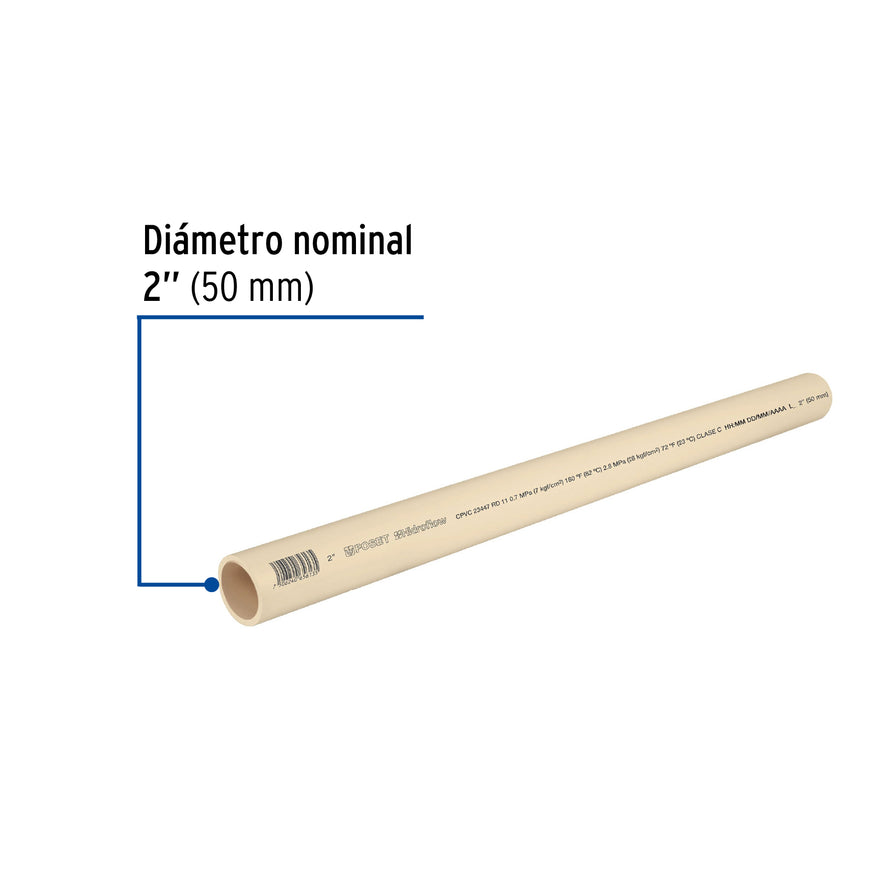 Tubo de 2' de CPVC hidráulico RD 11 de 3 m, Foset Caja con 5, 45562