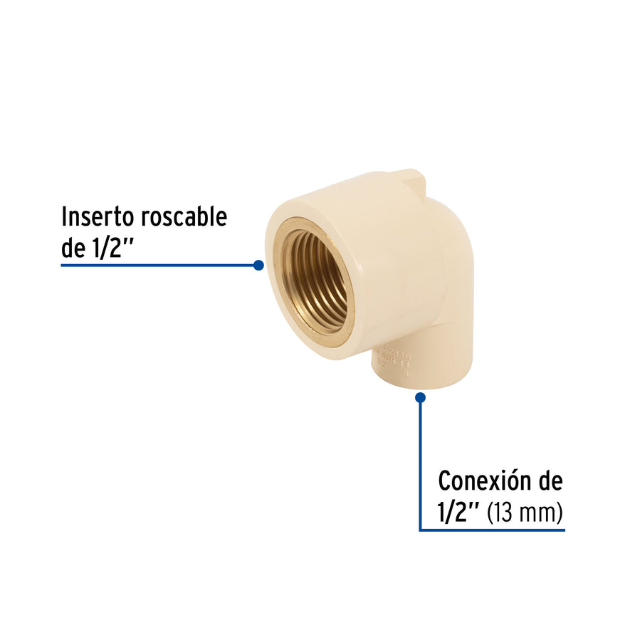 Codo 90° de CPVC con inserto latón 1/2', Foset Caja con 10, 48909