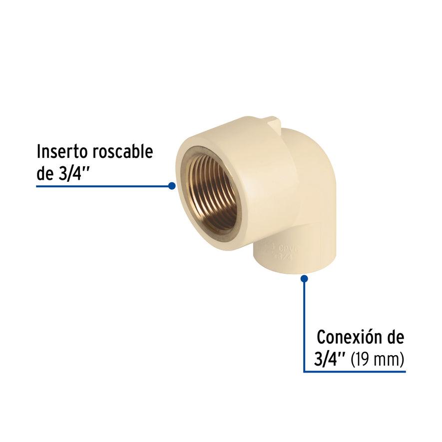 Codo 90° de CPVC con inserto latón 3/4', Foset Caja con 10, 48910