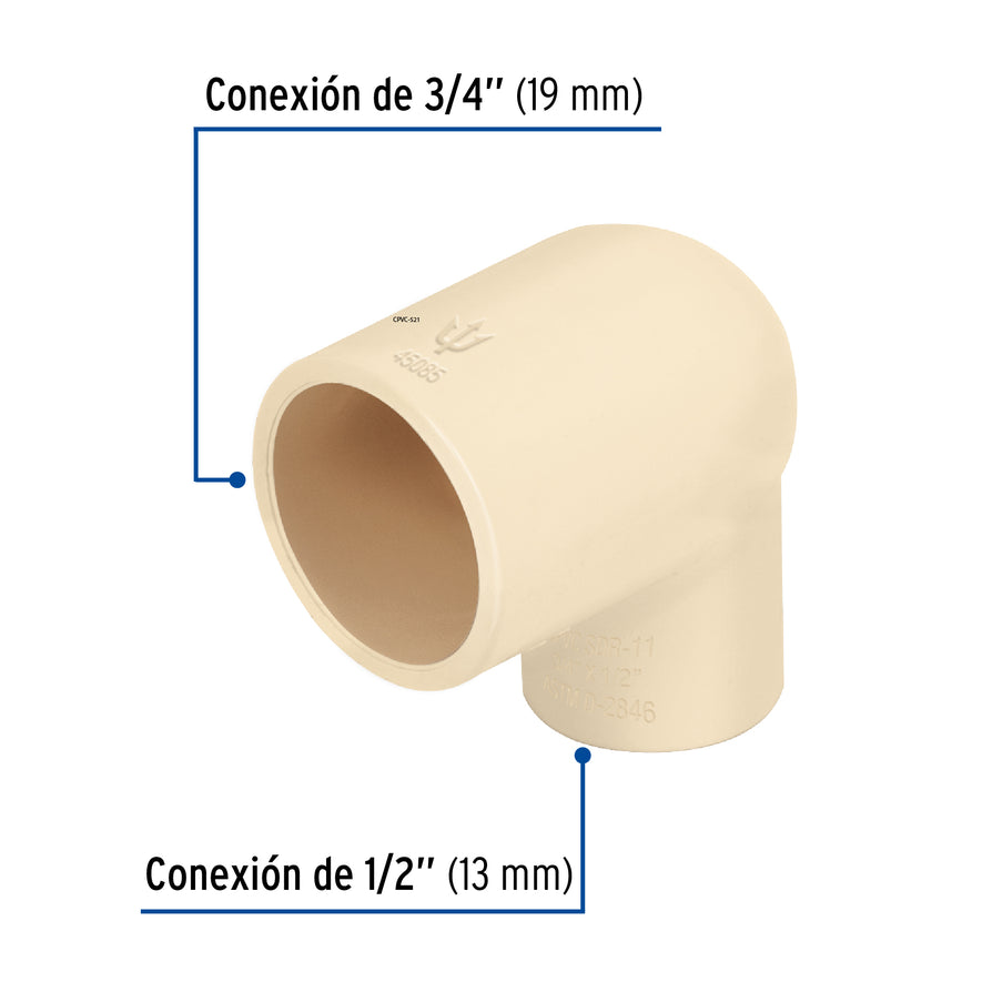 Codo reducción 90° de CPVC de 3/4' x 1/2', Foset Caja con 10, 45085