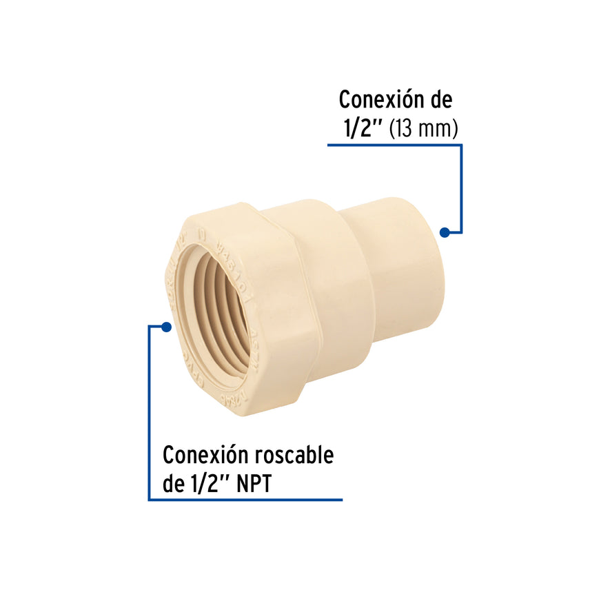 Conector hembra de CPVC 1/2', Foset Caja con 40, 45101