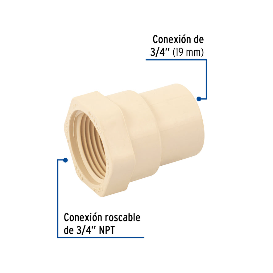 Conector hembra de CPVC 3/4', Foset Caja con 20, 45102