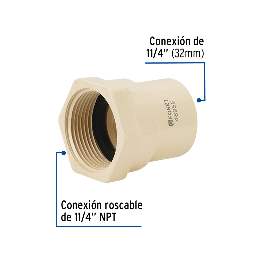 Conector hembra CPVC 1-1/4', Foset Caja con 4, 48956