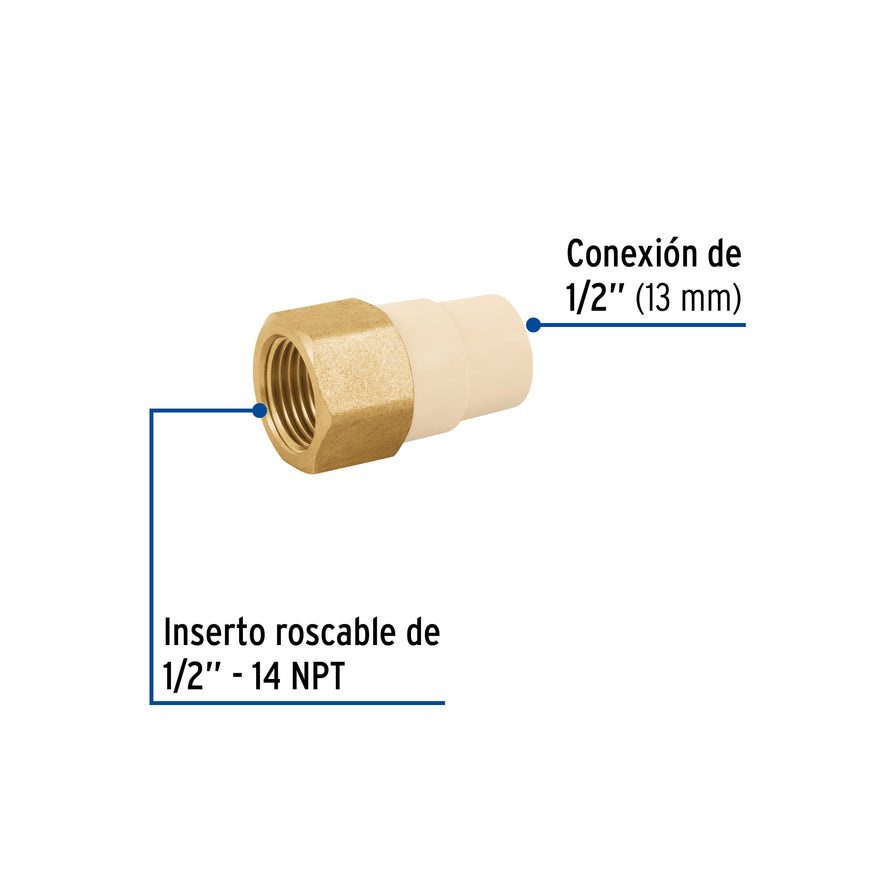 Adaptador hembra de CPVC 1/2' con inserto metálico, Foset Caja con 10, 45107
