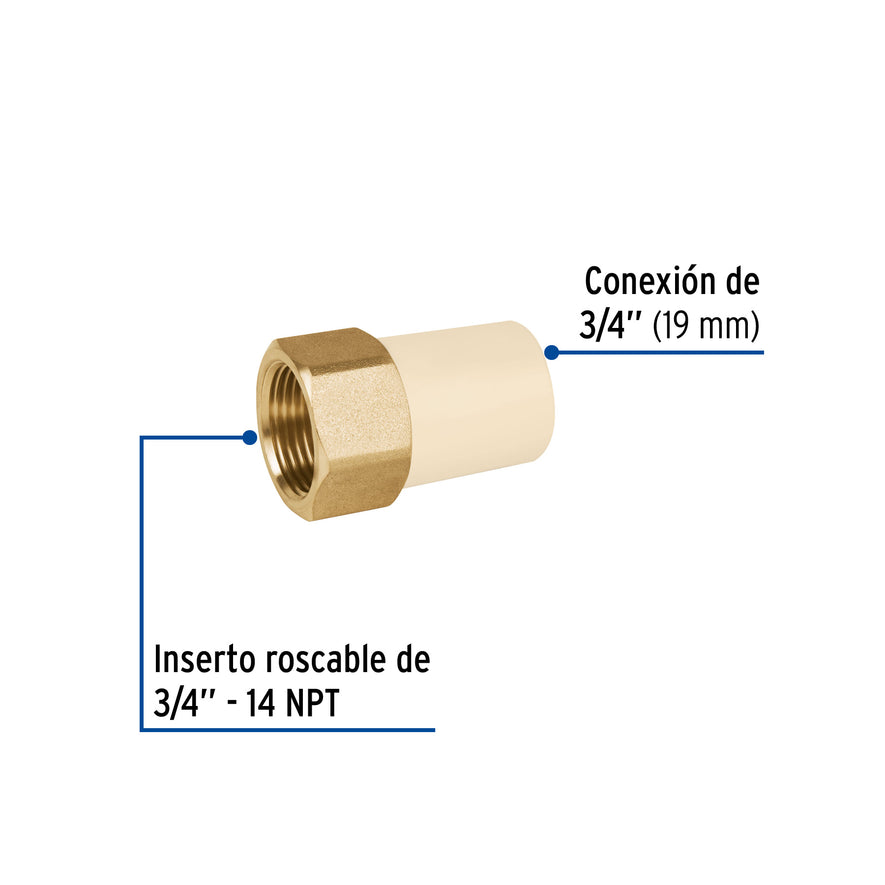 Adaptador hembra de CPVC 3/4' con inserto metálico, Foset Caja con 10, 45108