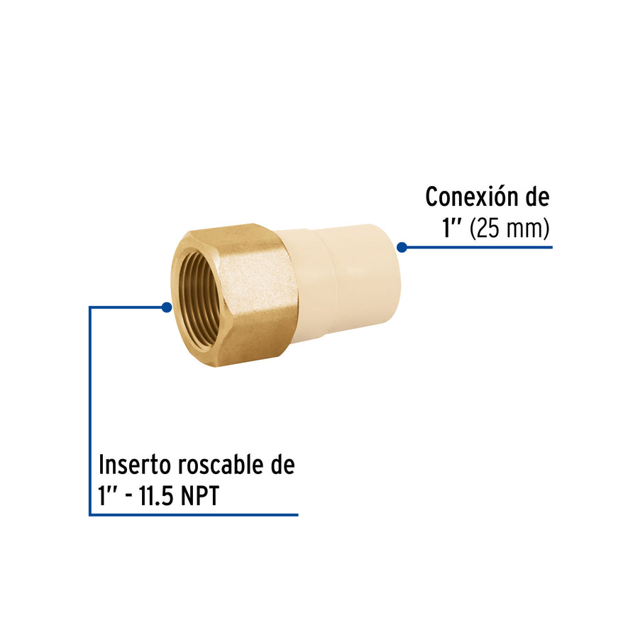 Adaptador hembra de CPVC 1' con inserto metálico, Foset Caja con 10, 45109